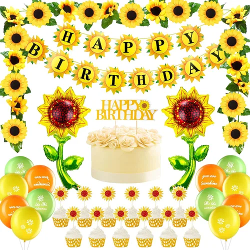 Tenare La decoración de fiesta de cumpleaños de girasol incluye pancarta de girasol, 4 globos de aluminio amarillos, 18 globos de látex, 13 adornos