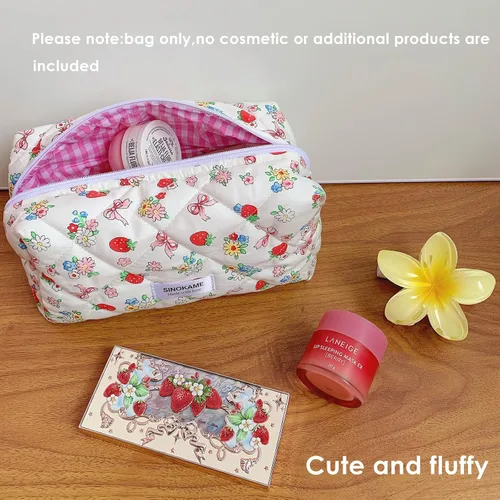 Miniatura 3 de SINOKAME Bolsa de maquillaje acolchada, bolsa de cosméticos hecha a mano de fresa, estuche organizador de maquillaje floral de coqueta, organizador
