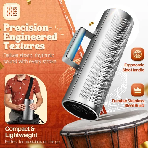 Miniatura 3 de Flexzion Güiro de Metal con Raspador Shack de 4" x 12" - Merengue Guira Dominicana - Instrumento Musical de Percusión de Mano de Cilindro Redondo