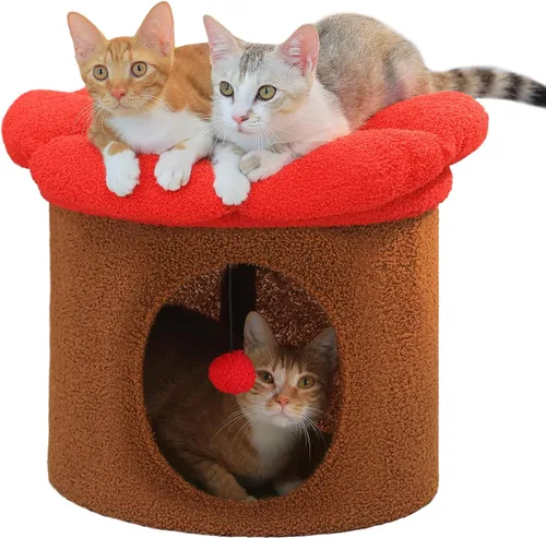 Miniatura 13 de PETEPELA Camas para gatos de 2 niveles para gatos de interior, casa de árbol para gatos con cama de flores extraíble, lindo escondite de gatos