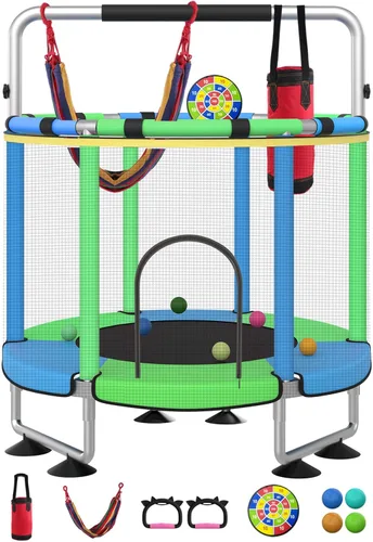 Miniatura 8 de Trampolín para niños, cama elástica completa antioxidante de 440 libras para interiores y exteriores con red, trampolín ajustable de 55 pulgadas