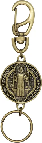 Llavero de mosquetón con medalla de San Benito Acabado antiguo en tono dorado Patrón de los estudiantes Protección contra el mal Gran regalo