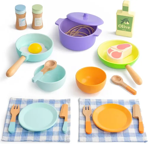 Accesorios de cocina para niños, juego de cocina de madera para niños pequeños, 22 piezas, juego de comida para niños con ollas y sartenes, juguetes