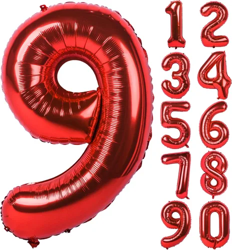 Miniatura 54 de Globo gigante de helio de 40 pulgadas, número 0 rojo, de poliéster, película de aluminio, 0-9, para niña y niño, autoinflable, dígito cero