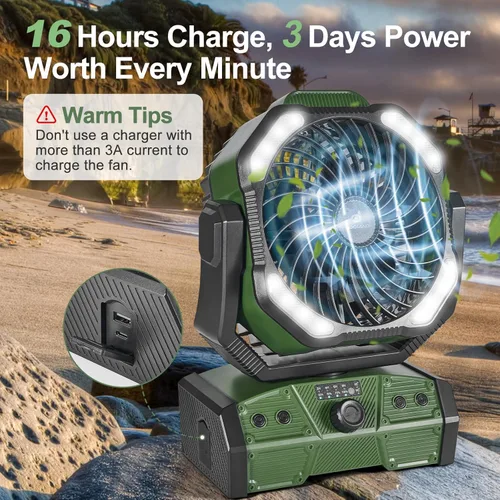 Miniatura 4 de Odoland Ventilador de campamento de 40000 mAh con luz LED, ventilador de escritorio oscilante a batería con control remoto y gancho, ventilador Verde