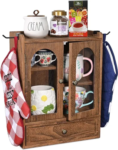 Miniatura 11 de Ikee Design Armario de almacenamiento de madera para encimera. Organizador personalizable con estantes ajustables, puerta de ventana de vidrio