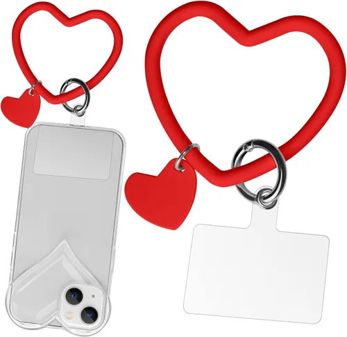 Miniatura 10 de Correa de silicona en forma de corazón para teléfono, correa de muñeca para teléfono celular con soporte para llavero, universal compatible con Negro