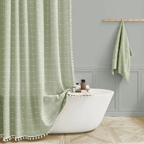 Miniatura 15 de BTTN Juego de cortinas de ducha estilo bohemio de granja con borlas, tela rústica de lino resistente, repelente al agua, cortinas de ducha gruesas A