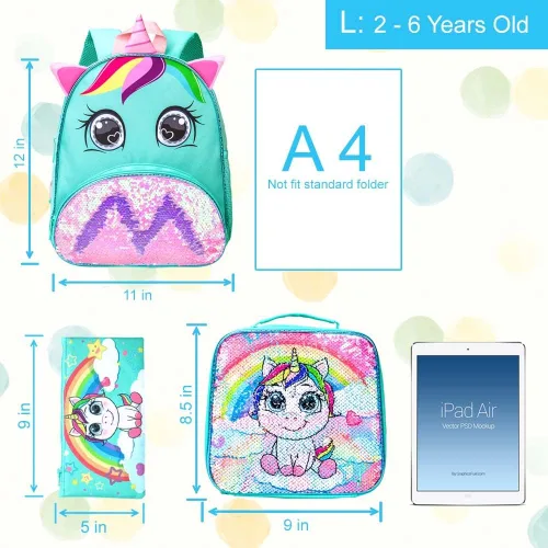 Miniatura 4 de 3 mochilas para niñas pequeñas, 12 pulgadas, con lentejuelas de unicornio y lonchera