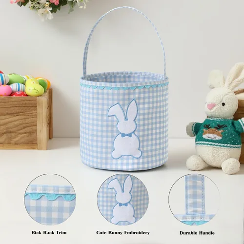 Miniatura 2 de DYSHAYEN Cesta de Pascua de conejo, cubo de Pascua vacío a cuadros con asa para caza de huevos de Pascua, decoraciones de fiesta (azul)