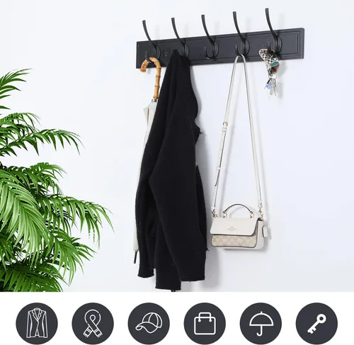 Miniatura 3 de HOME MASTER HARDWARE Perchero de pared negro, ganchos de pared de MDF para colgar abrigos, estante decorativo para sombreros de 27" para pared con 5