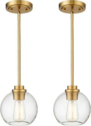 Luces Colgantes de Latón para Isla de Cocina Paquete de 2, Luz Colgante Dorada Estilo Granja con Pantalla de Globo de Vidrio Transparente,