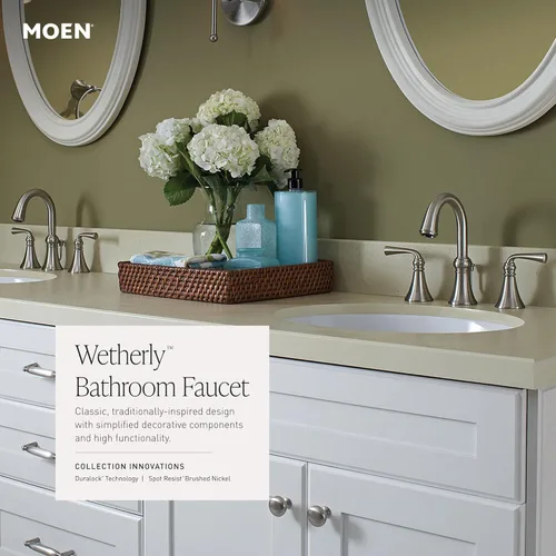 Miniatura 9 de Moen Wetherly WS84855SRN - Grifo de baño de dos manijas de níquel cepillado con válvula incluida, instalación montada en cubierta de 3 agujeros
