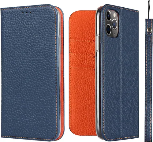 Miniatura 12 de iCoverCase Compatible con iPhone 11 Pro Max, funda magnética de piel auténtica con bloqueo RFID, correa para la muñeca y ranuras para tarjetas