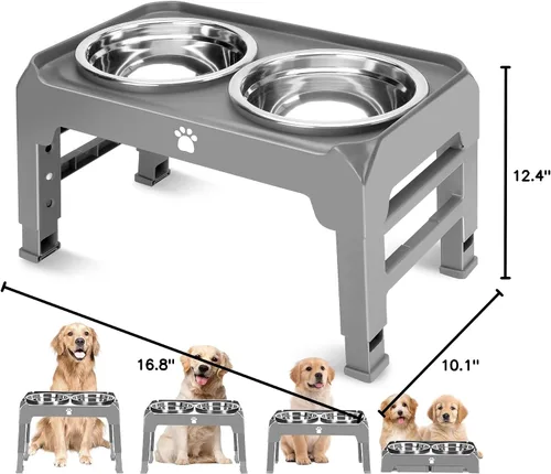 Miniatura 9 de Soporte elevado para cuenco para perros con 2 cuencos de acero inoxidable, altura ajustable para perros medianos y grandes, comedero plegable de Gris