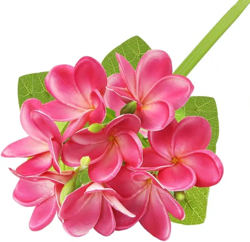Miniatura 10 de 3 piezas de flores artificiales de plumeria con hojas, plumeria frangipani realistas en total 9 ramos de flores falsas y brotes para el hogar