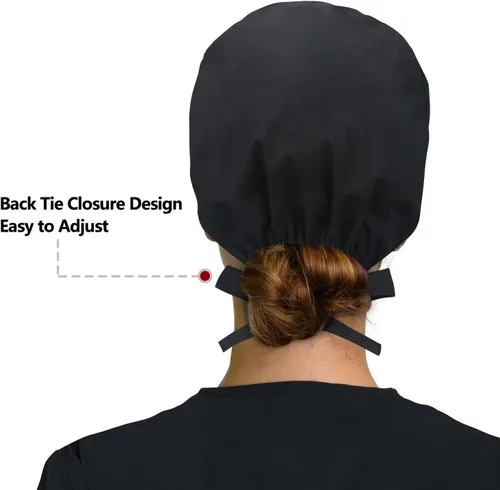 Miniatura 4 de Gorra de trabajo ajustable con botón, gorro de trabajo de algodón forrado de satén, banda para el sudor, gorro de trabajo elástico unisex