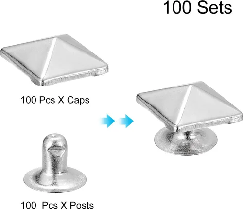 Miniatura 3 de uxcell 100 juegos de remaches de espiga, pirámide de 0.394 pulgadas (0.394 in), remaches rápidos, cuadrados, punk, decoración para ropa, cinturones