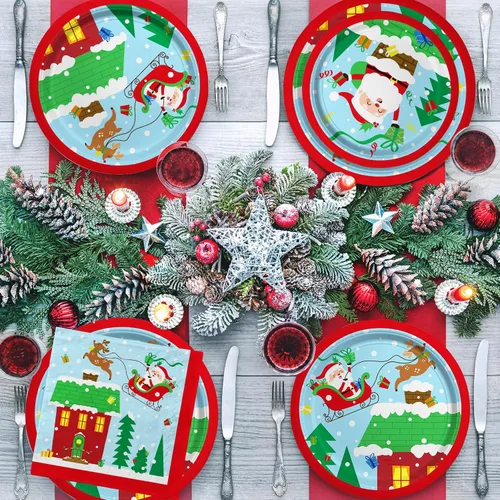 Miniatura 5 de Suministros para fiestas de Navidad – Juego de platos, servilletas y tazas de papel desechables con temática de Papá Noel de Navidad con mantel