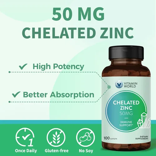 Miniatura 3 de Vitamin World Zinc quelatado de 50 mg - 100 comprimidos, suplemento de zinc quelado de alta potencia y bien absorbido, apoya la salud inmunológica