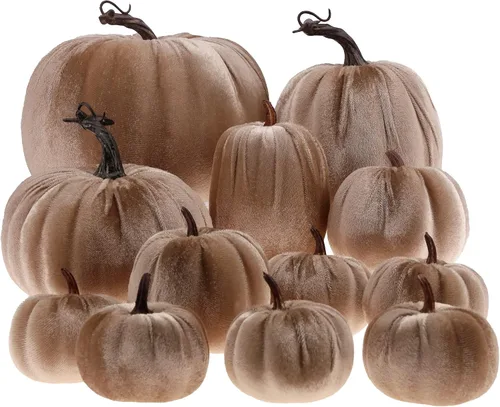 Miniatura 12 de Gresorth 12 calabazas artificiales grandes de terciopelo para Halloween, hechas a mano, decoración de centro de mesa de cosecha de otoño