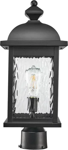 Luz de poste al aire libre de aluminio para exteriores, con cable duro con vidrio ondulado de agua, acabado negro mate, 16 pulgadas de altura,