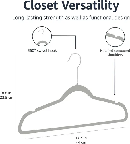 Miniatura 5 de Amazon Basics Perchas delgadas de terciopelo, antideslizantes y duraderas para trajes, armario, abrigos, pantalones, camisas, gris/plata, paquete
