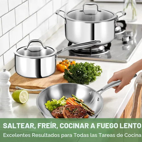 Miniatura 4 de Juego de utensilios de cocina de acero inoxidable de 3 capas de 11 piezas con tapas, ollas y sartenes, no tóxico, inducción, horno, apto