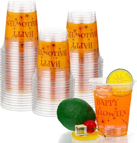 CHENGU Vasos desechables de plástico para Halloween a granel – Vasos de tela de araña de Halloween de 12 onzas, naranja transparente con araña y