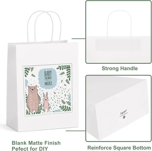 Miniatura 5 de Eupako Bolsas de papel de 8 x 4.25 x 10.5 pulgadas, 100 bolsas de regalo blancas con asas, papel de estraza, recuerdo de fiesta, bolsas de mercancía