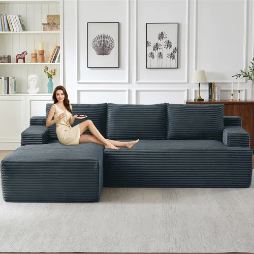 Miniatura 38 de Sofá seccional modular de 96", sofá en forma de L tipo nube sin estructura con chaise lounge, tapizado de pana con asiento profundo de espuma Negro