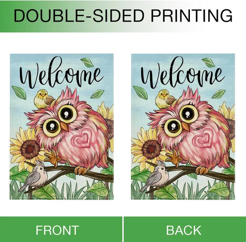 Miniatura 3 de Hzppyz Bandera de jardín de búho rosa de bienvenida para primavera y verano, de doble cara, ramas de girasol, decoración pequeña para exteriores