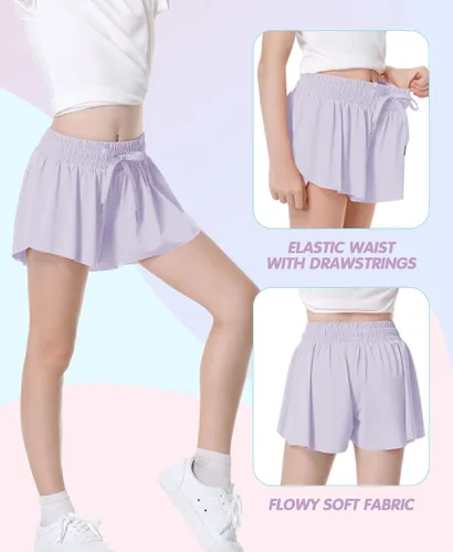 Miniatura 3 de QooNoo Girls Butterfly Shorts with Pocket Flowy Athletic Shorts High Waist Preppy Running Shorts for Kids Teen