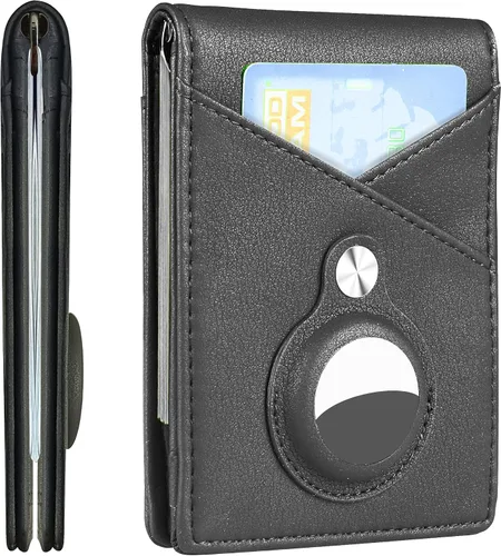 Hawanik Cartera de clip de dinero de primavera con soporte integrado para AirTag bloqueo RFID delgada plegable minimalista bolsillo frontal para