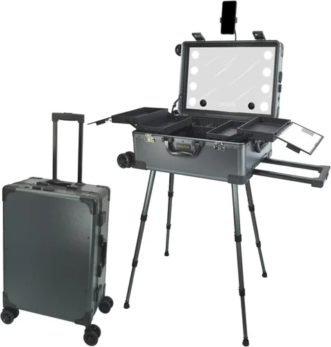 Estuche de maquillaje rodante con espejo de luz LED, patas ajustables, mesa de tren con cerradura, estudio, artista, cosmética, tamaño de mano,