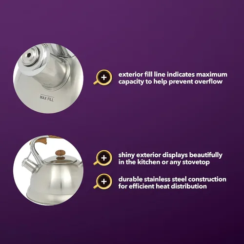 Miniatura 4 de Mr. Coffee Woodmont - Hervidor de té de acero inoxidable de 2 cuartos con mango de madera, hervidor silbante para estufa, tetera duradera de cocción