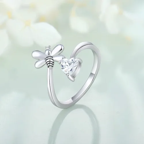 Miniatura 3 de FJ Anillo abierto de plata de ley para mujer, con piedra natal (anillo ajustable)
