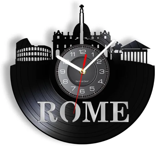 Reloj de pared – Reloj de pared de 12 pulgadas con horizonte de Roma de 12 pulgadas, reloj de pared de vinilo con diseño de paisaje urbano de Italia
