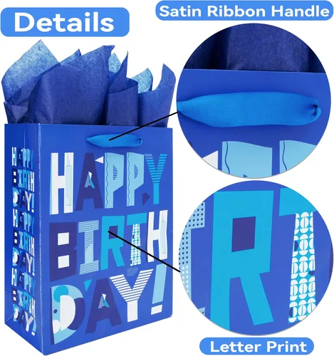 Miniatura 5 de wishinside Juego de bolsas de regalo azules grandes de 13 pulgadas con tarjeta de felicitación y papeles de seda (feliz cumpleaños azul) para fiesta