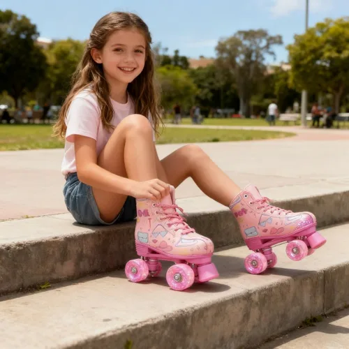 Miniatura 5 de Patines de dibujos animados para niñas y mujeres, patines de doble fila con ruedas iluminadas, patines de piel sintética con cordones, patines