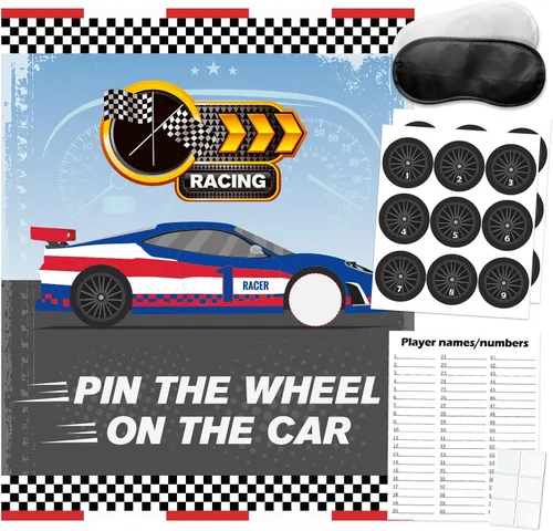 PARTYLOUD Juegos de fiesta de coches: Pin the Wheel en el coche, coches de carreras azules, fiesta de cumpleaños, juegos divertidos, suministros de
