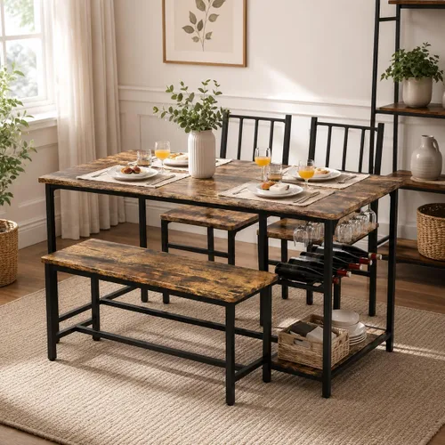 Miniatura 9 de 4 EVER WINNER Juego de mesa de comedor negra para 4 personas con banco, juego de mesa de cocina y sillas de 55 pulgadas con estante para vino