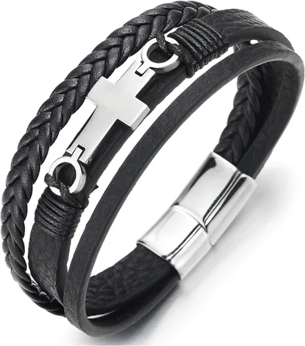 Miniatura 10 de Pulsera de cuero COOLSTEELANDBEYOND para hombre y mujer, cruz lateral plana, múltiples hebras, estilo brazalete