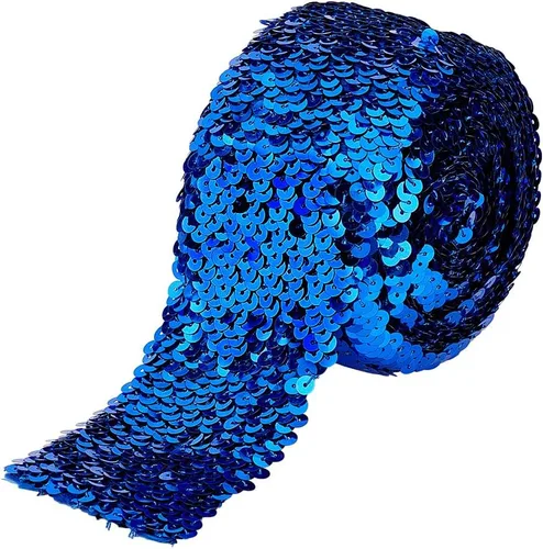FINGERINSPIRE Cinta elástica de lentejuelas azules de 5.5 yardas de ancho de 2.9 pulgadas de ancho, 8 filas, rollo de paillette con purpurina, cinta