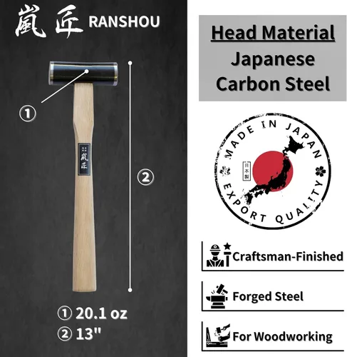 Miniatura 2 de GENNO - Martillo de carpintero japonés 20.11 oz/20 onzas, resistente de doble cara, mango de madera para cincel, plano de mano japonés, clavo