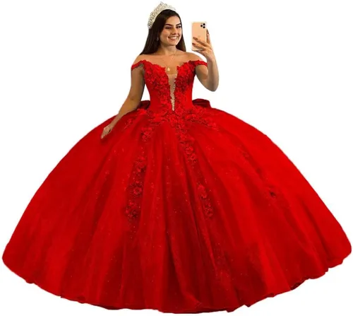 Mauuwy Vestidos de quinceañera de tul de lujo, vestido de baile hinchado brillante dulce 16 vestidos florales fuera del hombro vestido de graduación