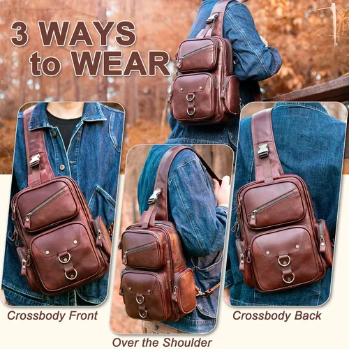 Miniatura 3 de Bolso bandolera de cuero genuino para hombre, bolso cruzado grande, bolso de hombro casual, mochila antirrobo, bolsa de viaje en el pecho