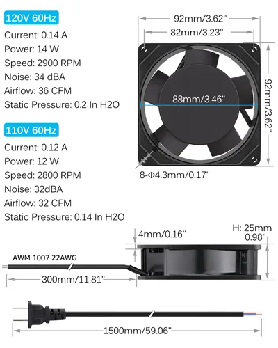 Miniatura 2 de GDSTIME Ventilador Axial de 90mm, 110V 120V CA, 92 mm x 92 mm x 25 mm, de rodamiento de bolas doble con cable de alimentación para proyectos