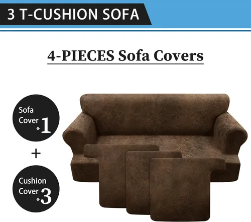 Miniatura 4 de Funda para Sofá en Forma de T de 4 Piezas - Fundas con Aspecto de Cuero para Sofá de 3 Cojines, Marrón