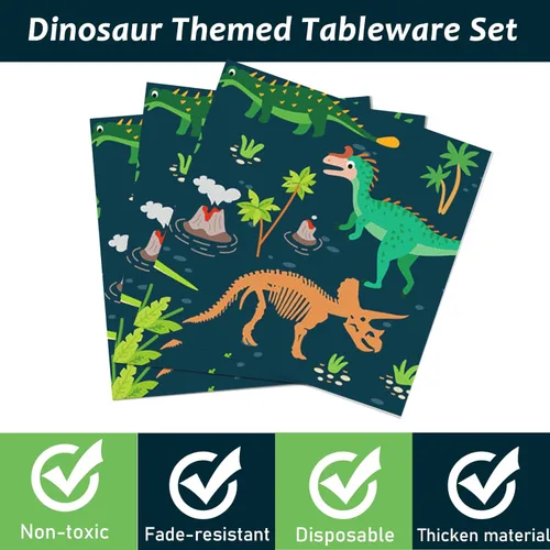 Miniatura 4 de Tevxj Juego de vajilla de dinosaurio de 96 piezas, platos desechables con temática de dinosaurios, servilletas y tenedores para decoración de fiesta